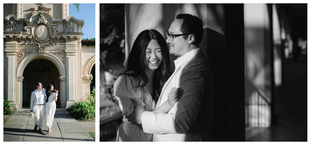Romantic San Diego anniversary session at Balboa Park captured by a San Diego portrait photographer, featuring elegant architecture and soft couple poses in natural and moody lighting.