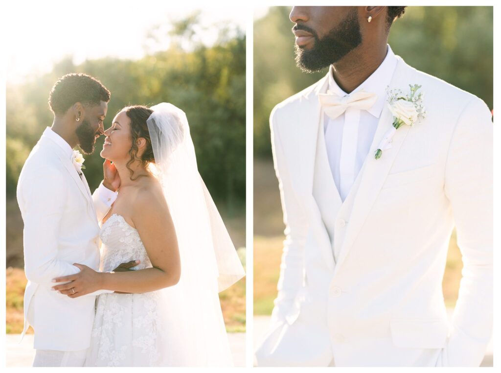 Elegant Jeune Perche wedding couple captured during golden hour by San Diego wedding photographer, highlighting intricate bridal gown details and groom's sophisticated white suit accented with floral boutonniere