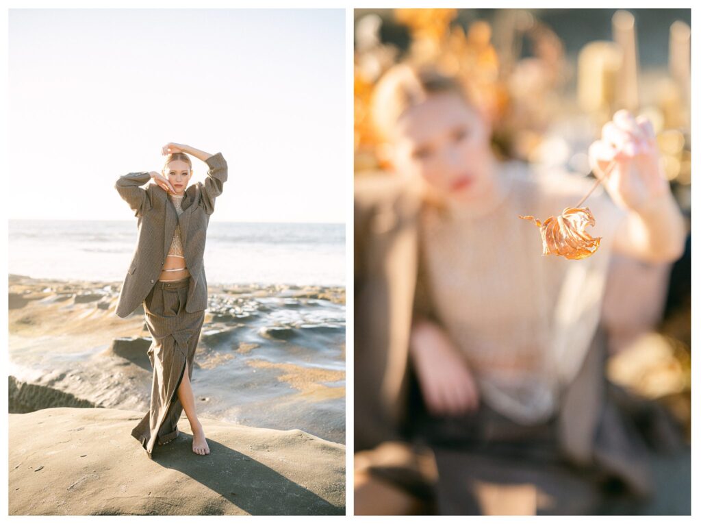 Editorial portrait at La Jolla Cove featuring fashion-forward styling against the backdrop of the Pacific Ocean, captured by a San Diego portrait photographer.