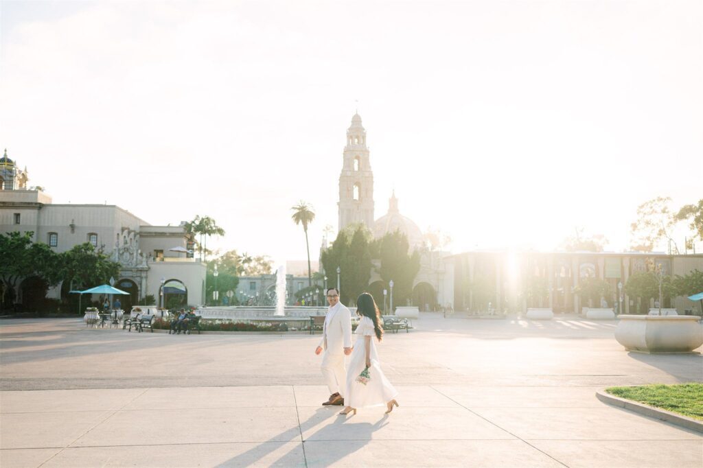 Couple celebrating 10 Year Anniversary, take as a sample for Golden Hour Photos, at Balboa Park, captured by San Diego Portrait Photographer