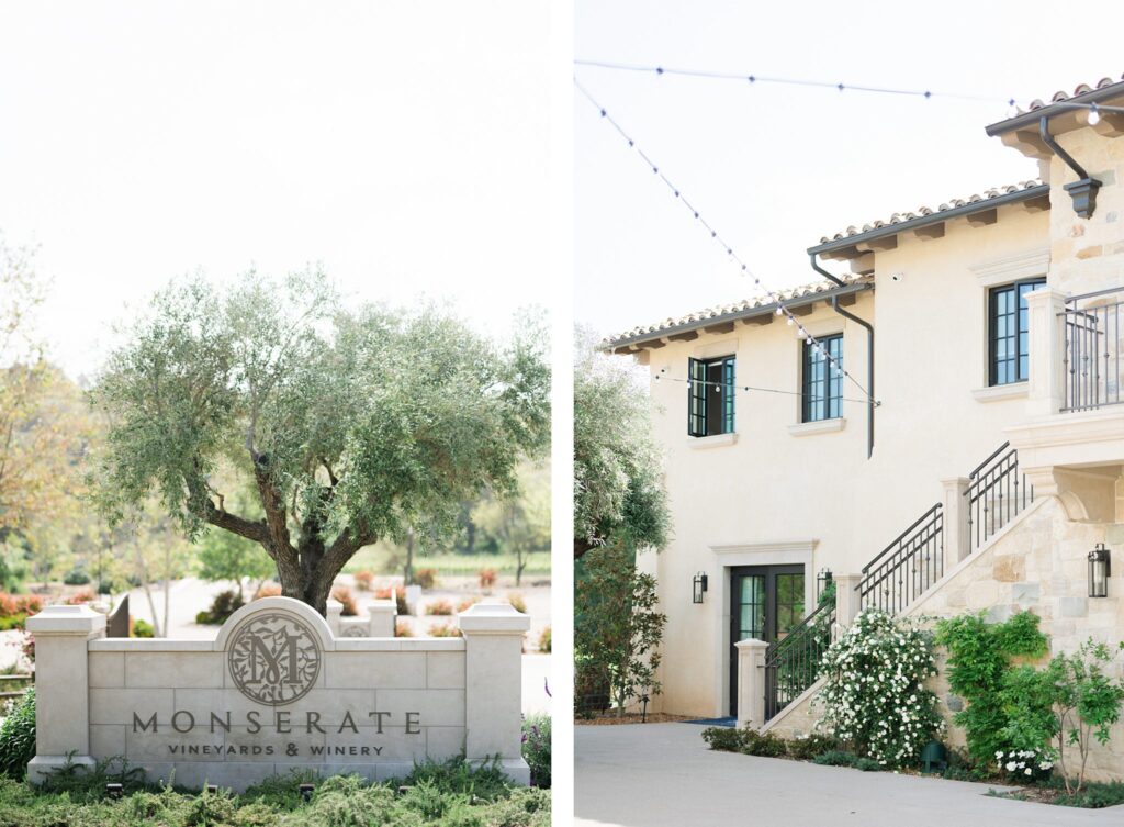 Monserate Vineyards and Winery entrance featuring a stone sign accented by lush greenery and an olive tree on the left, paired with an elegant Mediterranean-style building adorned with climbing plants and string lights on the right. This scenic winery landscape captures the charm of Southern California's wedding and event venues.