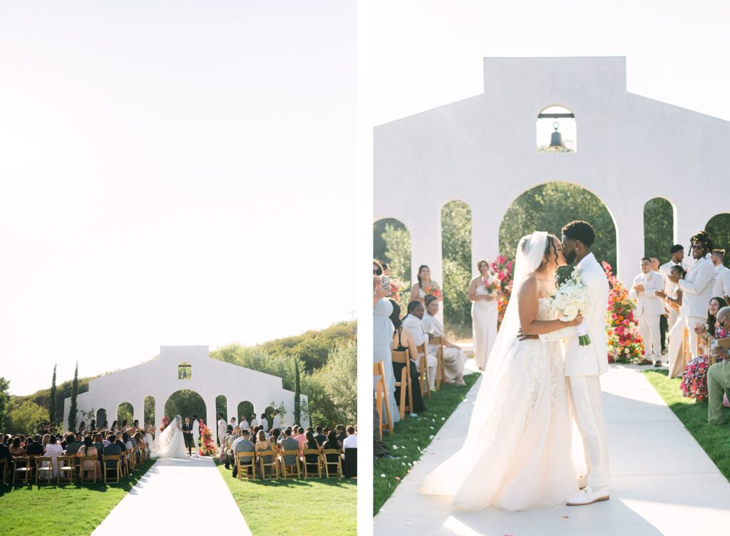 A romantic wedding ceremony held at Jenue Perche, a European-inspired San Diego wedding venue framed by stunning architecture and vibrant floral arrangements.