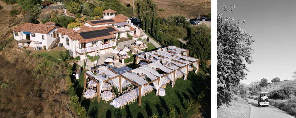 Outdoor wedding reception at Jenue Perche, a European-inspired San Diego wedding venue, featuring elegant decor, scenic hillside views, and refined seating arrangements under draped canopy structures.
