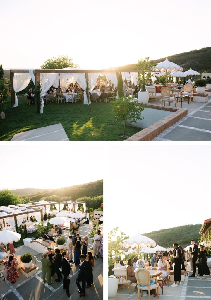 Outdoor wedding reception at Jenue Perche, a European-inspired San Diego wedding venue, featuring elegant decor, scenic hillside views, and refined seating arrangements under draped canopy structures.