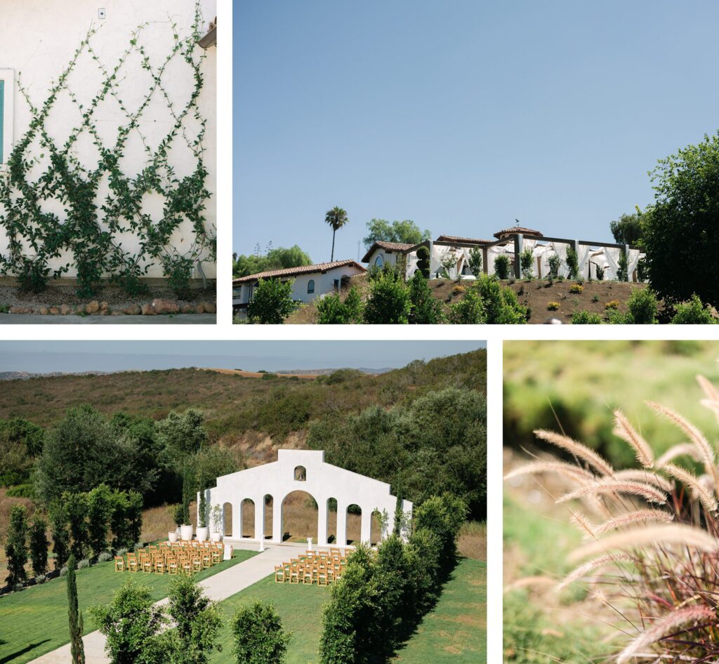 A collage showcasing the elegant, European-inspired Jenue Perche wedding venue in San Diego, featuring an outdoor ceremony setup with an arched structure, lush green surroundings, Mediterranean-style architecture, and charming natural details